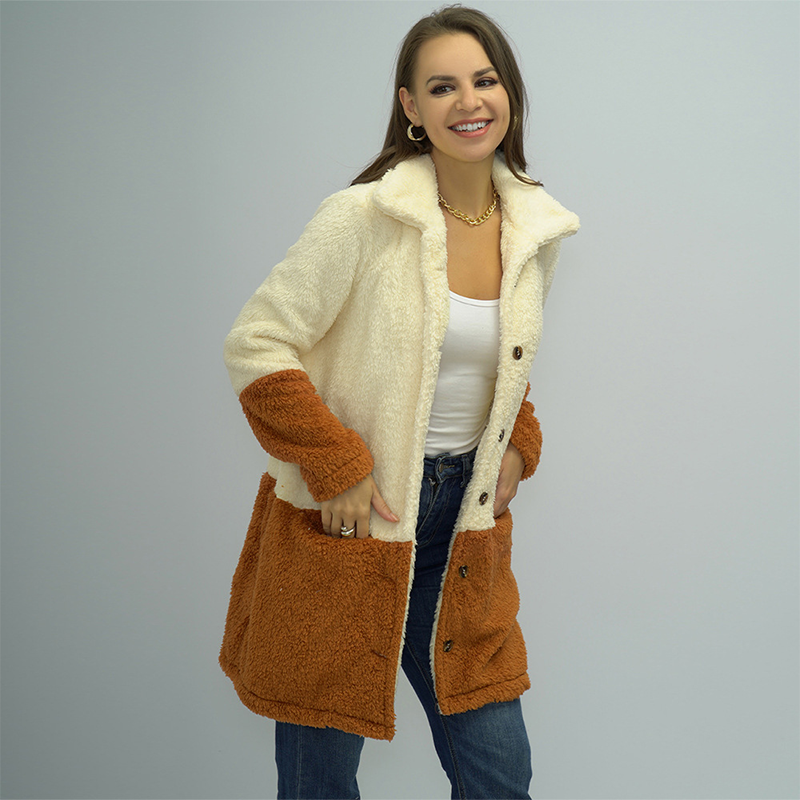Ladies Colorblock Lapel Double Face Fleece Jacket