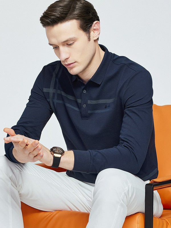 Men's Striped Long-Sleeve Casual Elastic Lapel Polo Shirt