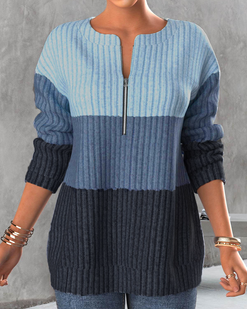 Color Block Zipper Blouse