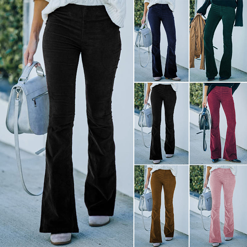Women Corduroy Flare Pants Elastic Waist Bell Bottom Trousers