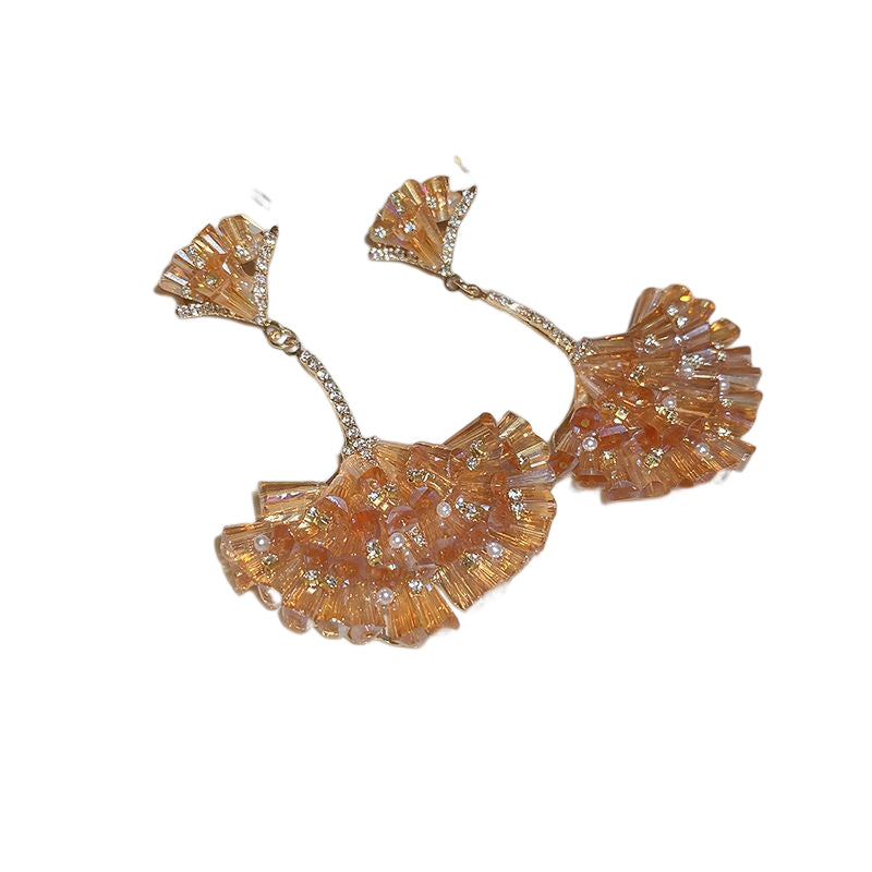 Diamond Encrusted Crystal Fan-Shaped Ginkgo Leaf Earrings