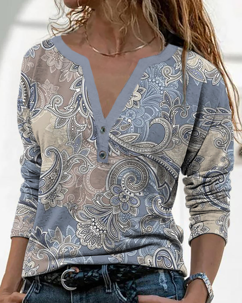 Long Sleeve Paisley Top with V-neck