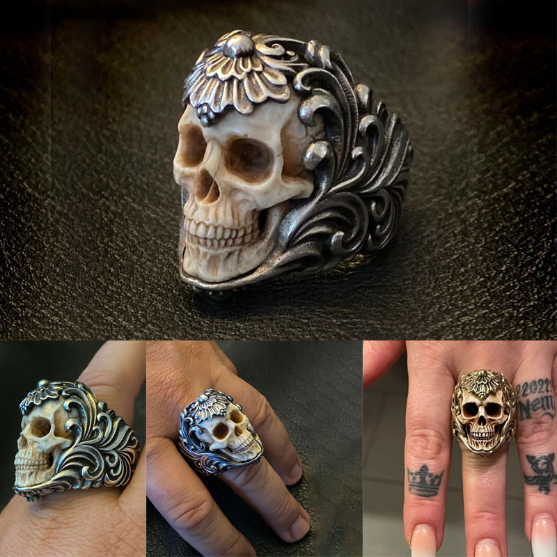 Vintage polish floral armor antler skull ring