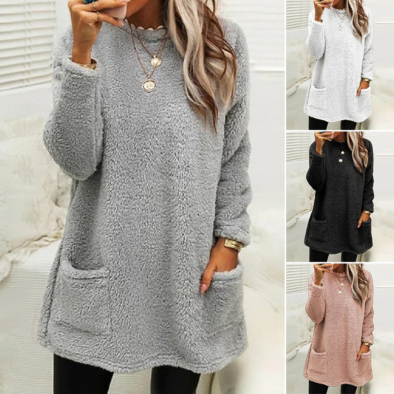 Pocket Crew Neck Casual Warm Long Sleeve T-Shirt Dress