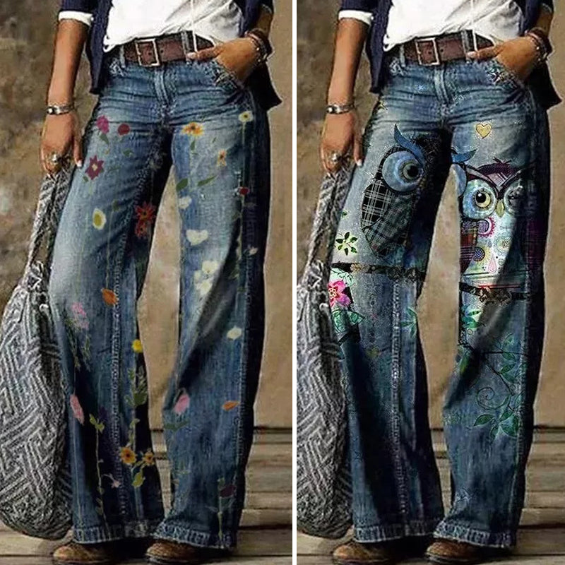 Women's Printed Wide Leg Denim Pants