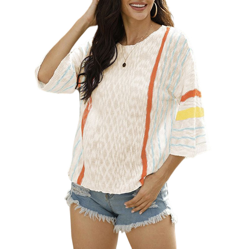 Colorblock Striped 3/4 Sleeve Knit Sweater