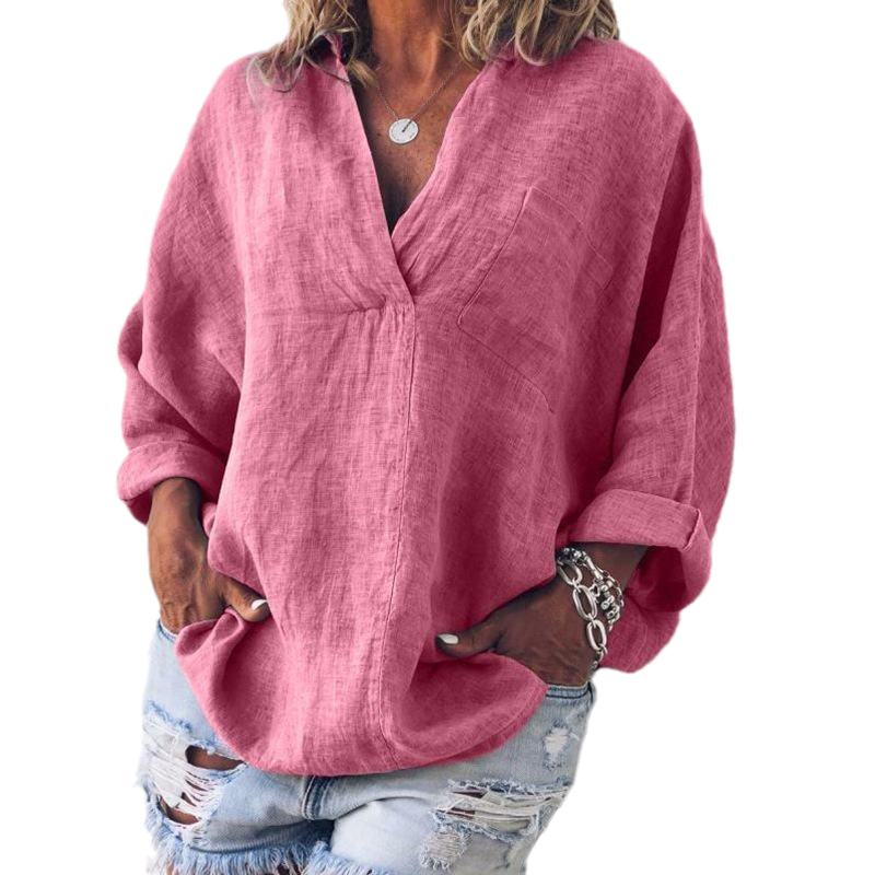 Oversized Loose Long Sleeve V-Neck Linen Shirt