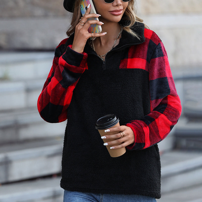 Women's Long Sleeve Top Plaid Quarter Zip Sweatshirt