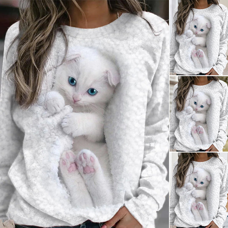 Round Neck Cat Print Sweatshirt