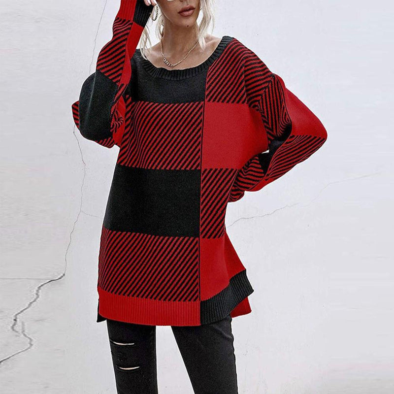 Plaid Contrast Knit Sweater