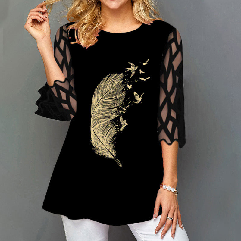 Lace Sleeve Printed T-shirt