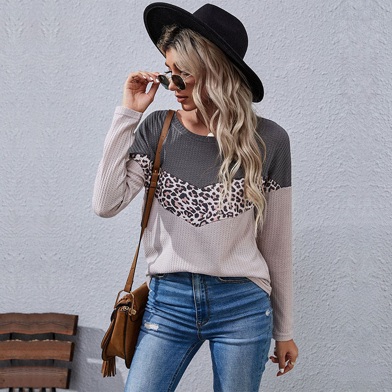 Women's Autumn Leopard Print Colorblock Knit Sweater