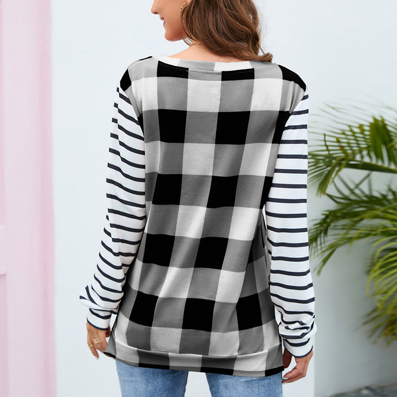 Plaid Stripe Crew Neck Sweatshirt