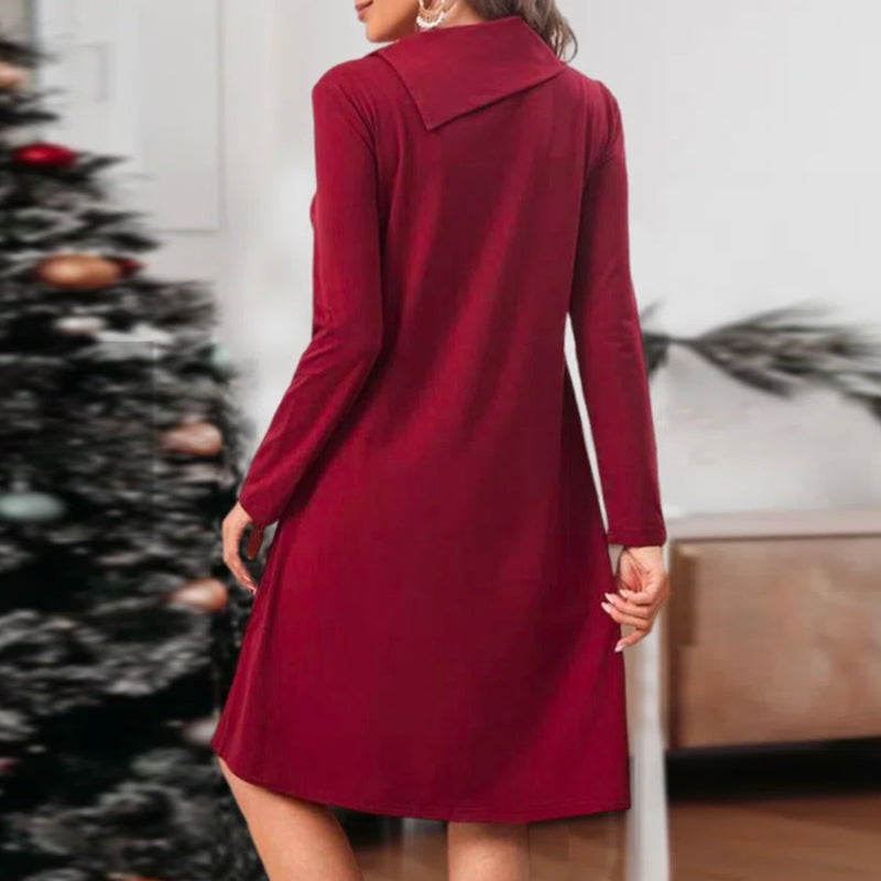 Solid Color Christmas Dress with Elegant Buttons