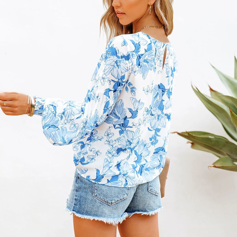 Fashion Print Balloon Sleeve Long Sleeve Top