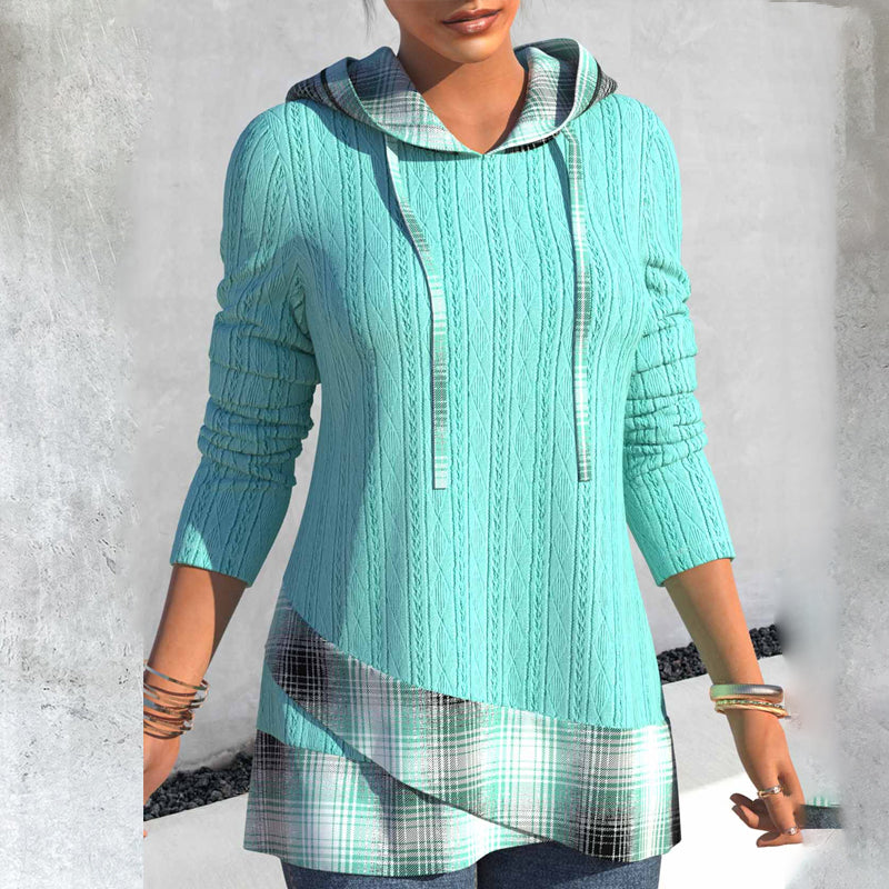 Hooded Plaid Knit Top