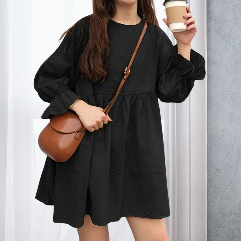 Long Sleeve Pleated Mini Cotton Linen Dress