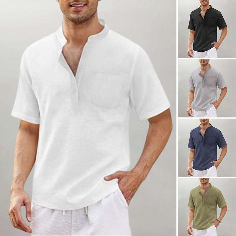 Men's Linen Cotton Shirt Black Stand Collar T-Shirt