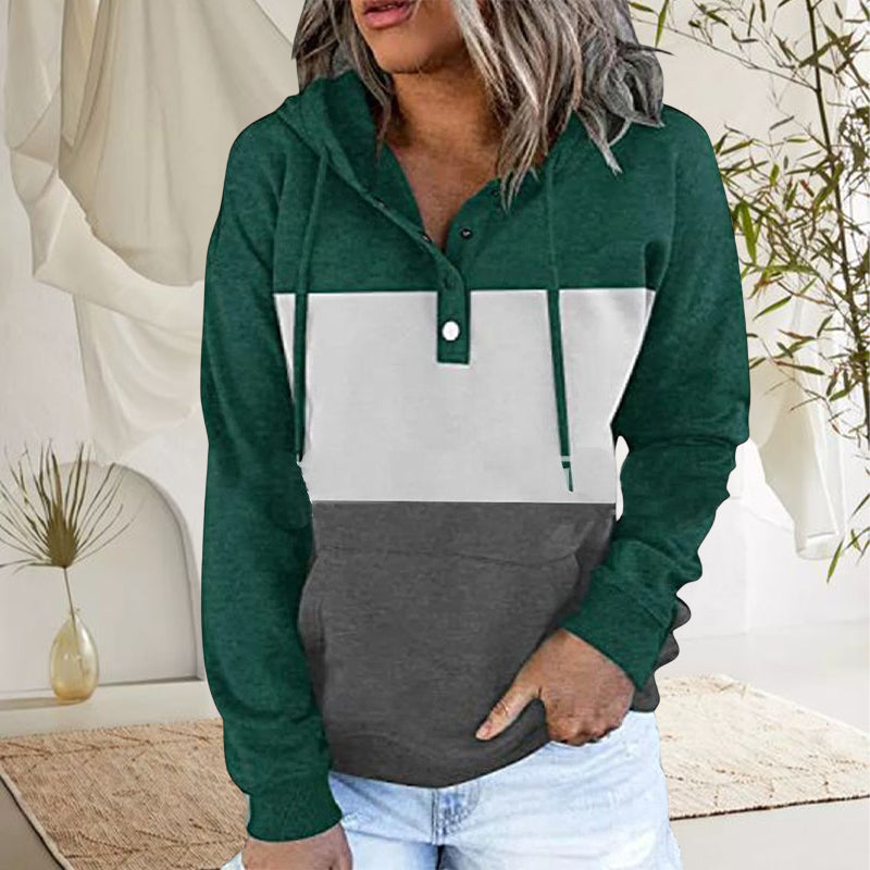Ladies Colorblock Fleece V-Neck Hooded Drawstring Pullover Sweatshirt