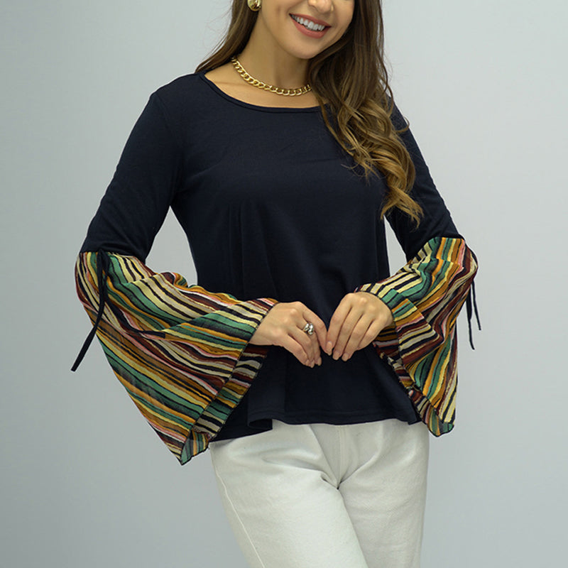 Ladies Patchwork Striped Long Sleeve Top