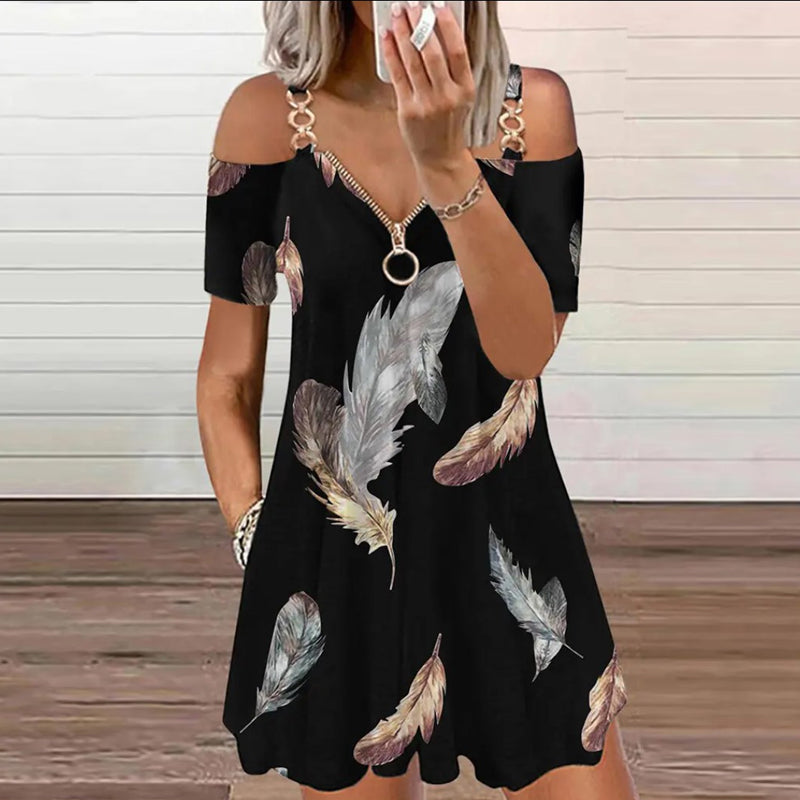 Feather Print Cold Shoulder Pocket Design Casual Dress