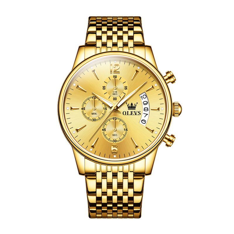 Luxury Gold Three-eye Chronograph Dial Automatic Mechanical Watch