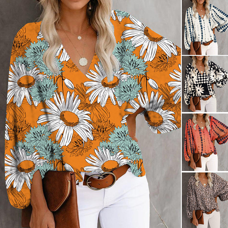 V-Neck Shirt Print Balloon Sleeve T-Shirt