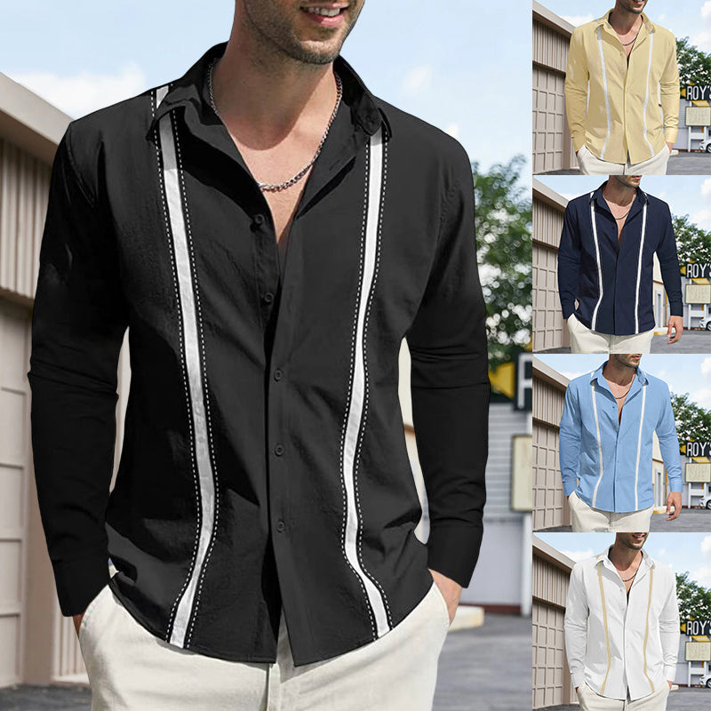 Men's Lapel Colorblock Long Sleeve Cardigan Shirt