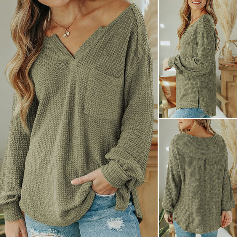 Solid Color V-Neck Pullover Long Sleeve Knit Sweater