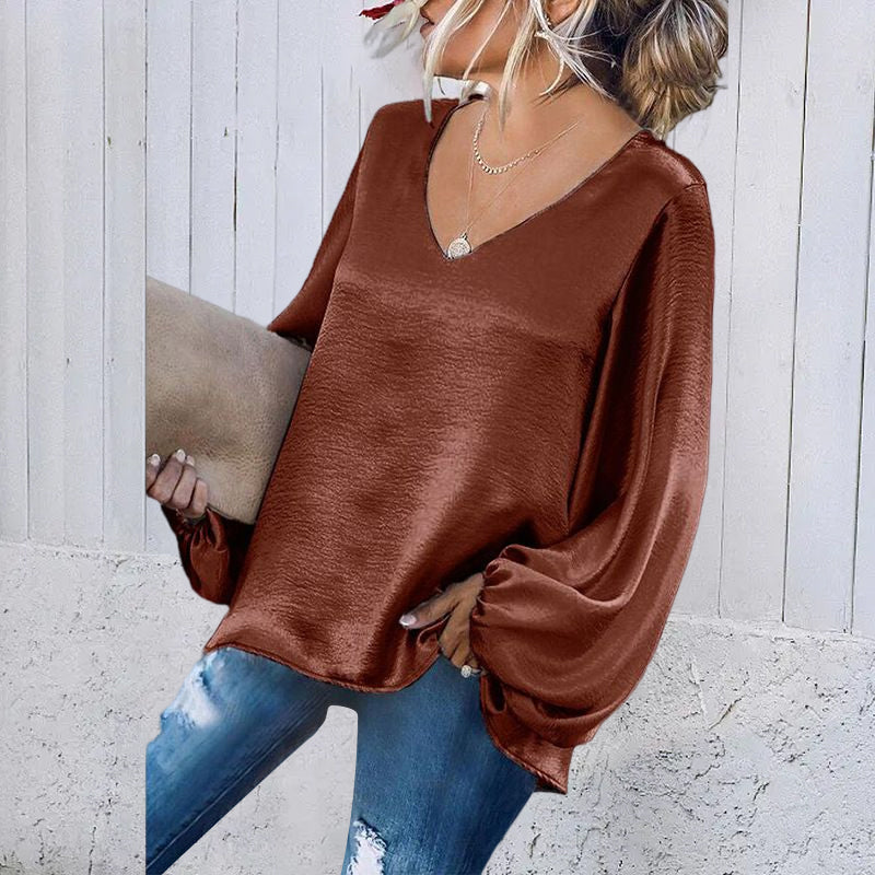 V-Neck Satin Long Sleeve Shirt