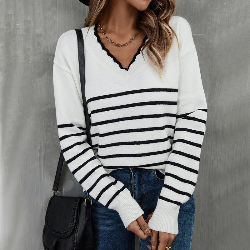 V-Neck Striped Knit Sweater