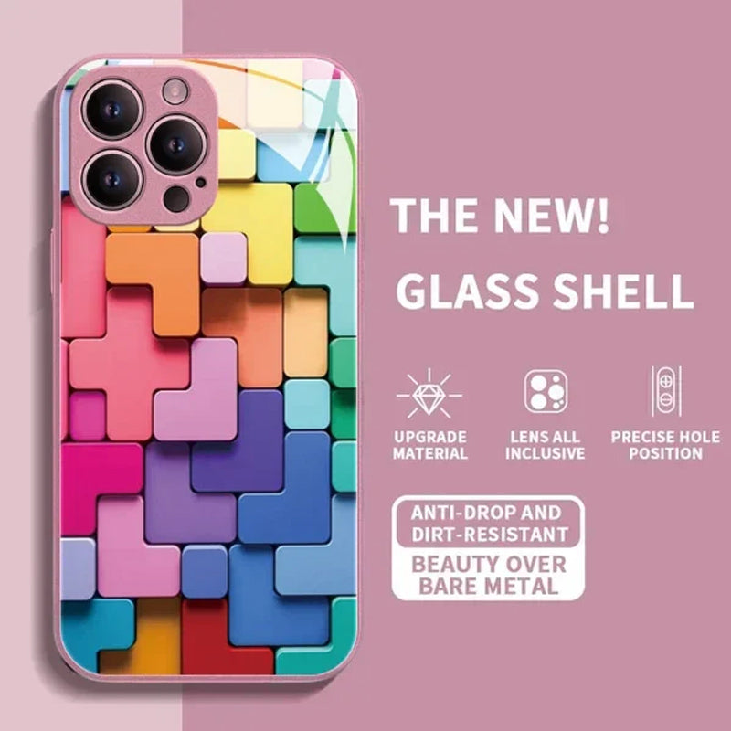 Flat 3D Square Pattern Glass Case Cover Compatible with iPhone