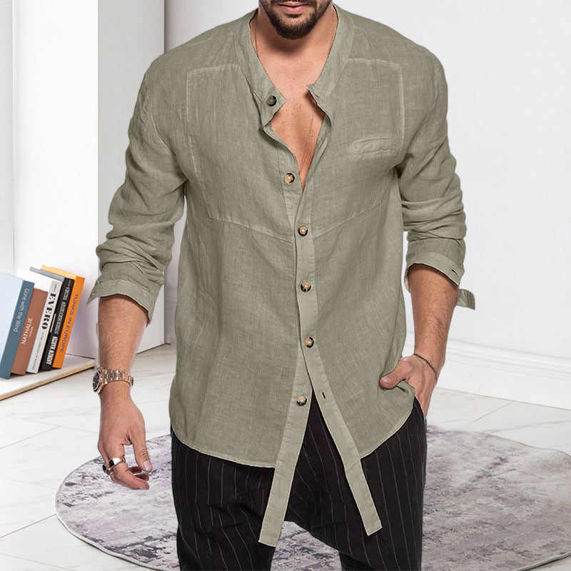 Stand Collar Linen Long Sleeve Shirt