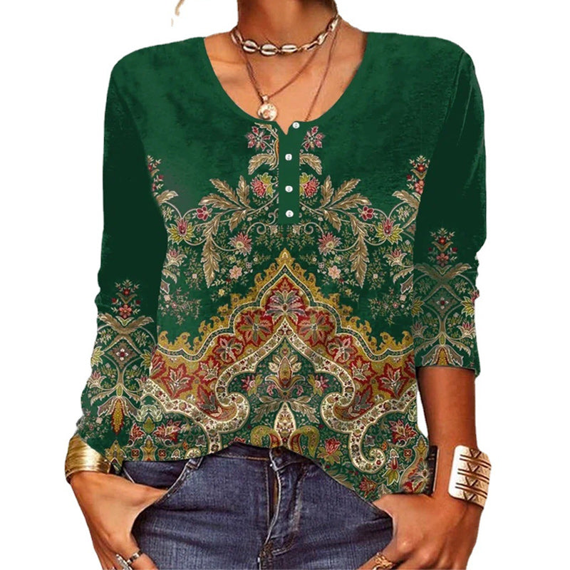 Floral Geometric Button T-Shirt