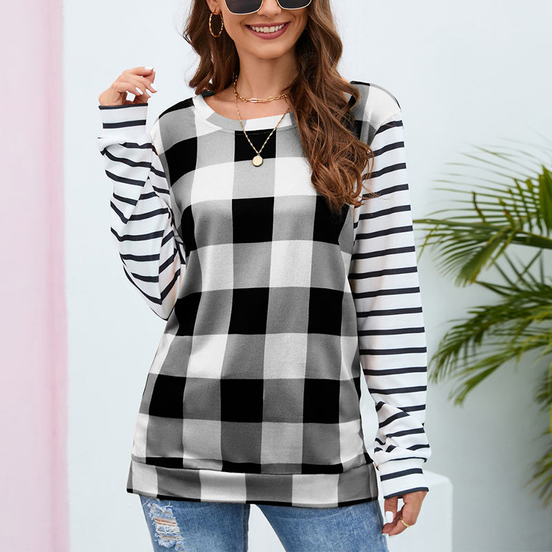 Plaid Stripe Crew Neck Sweatshirt