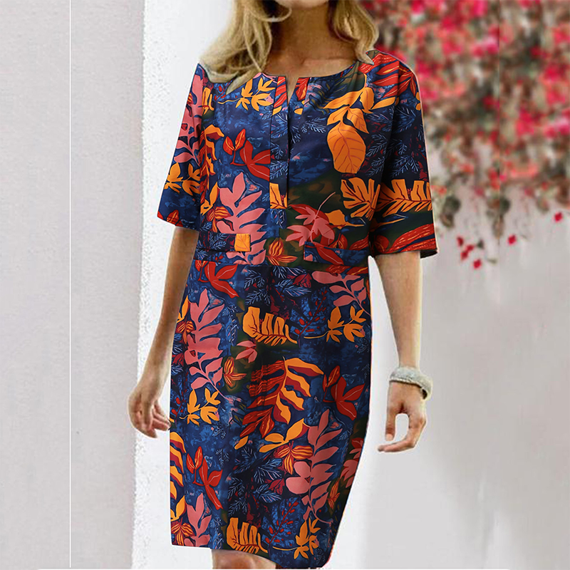 Floral Print Split O-neck Half Sleeve Casual Cotton Dress