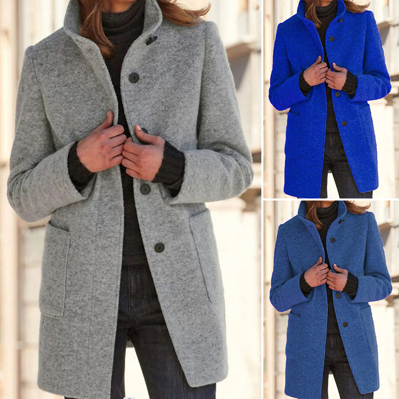 Solid Color Button Stand Collar Woolen Jacket