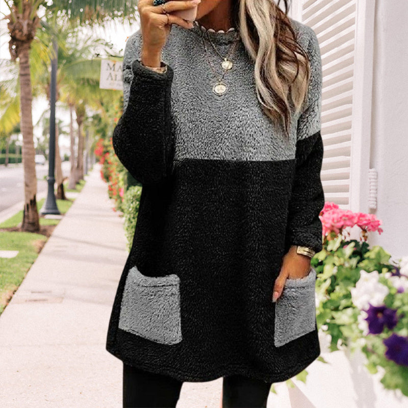 Round Neck Panels Pockets Long Sleeves Suede Sweatshirt