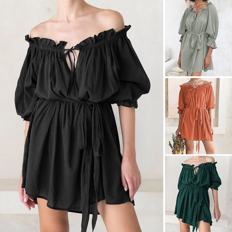 Offset Neck Tether Sexy Ruffle Dress