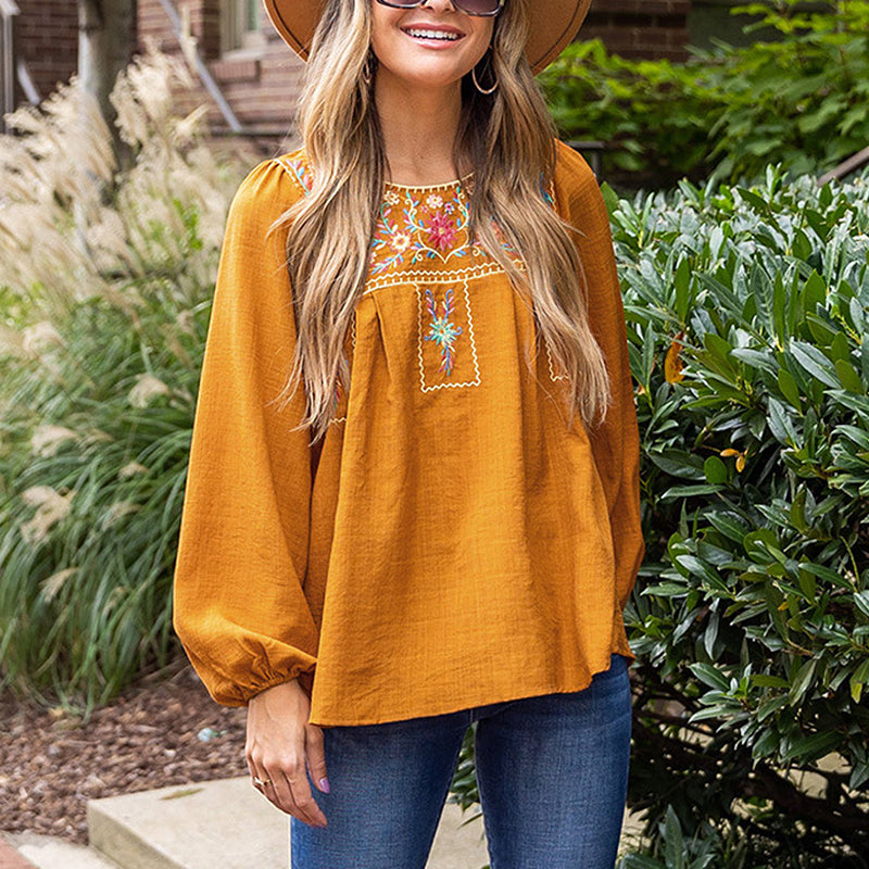 Ethnic Puff Sleeve Loose Crew Neck Pullover Top