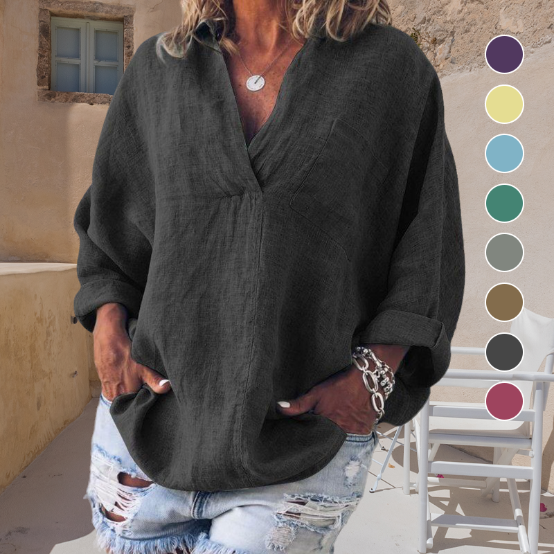 Oversized Loose Long Sleeve V-Neck Linen Shirt