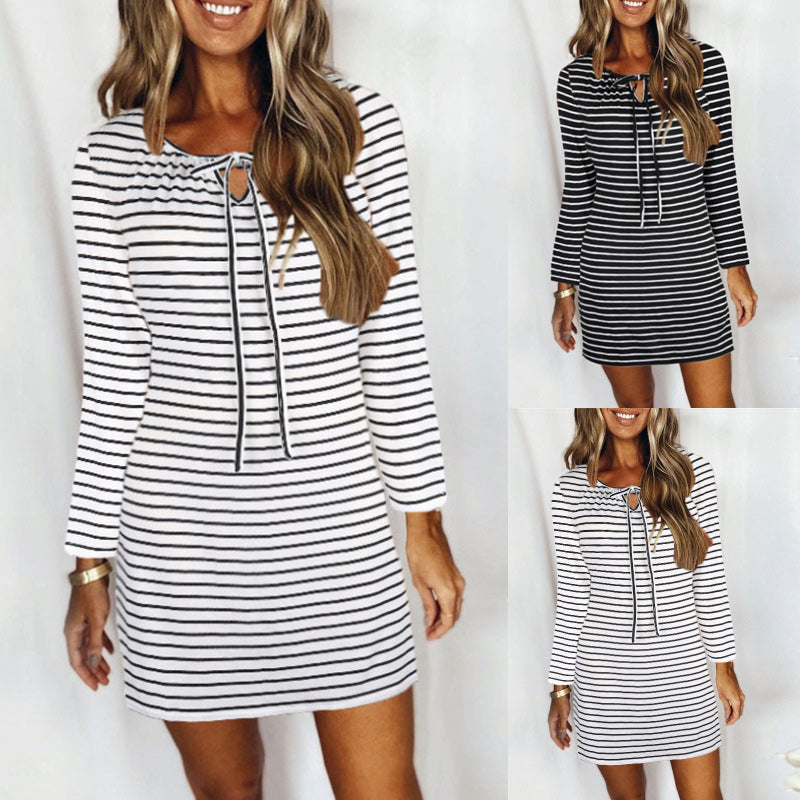 Cord Tie Striped Long Sleeve Dress