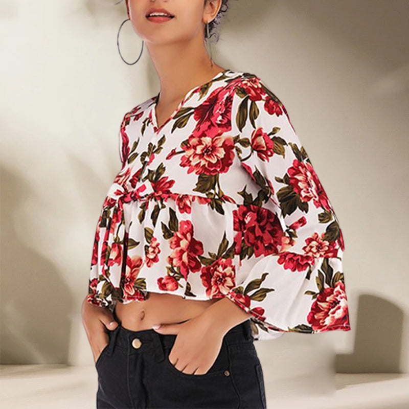 Ladies Summer V-Neck Flared Sleeve Printed Chiffon Shirt
