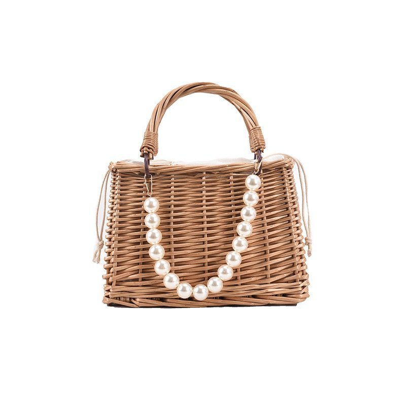 Faux Pearl Handle Straw Square Bag