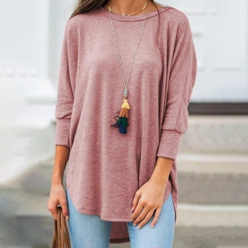 Loose Crew Neck Hem Irregular Solid Color T-Shirt