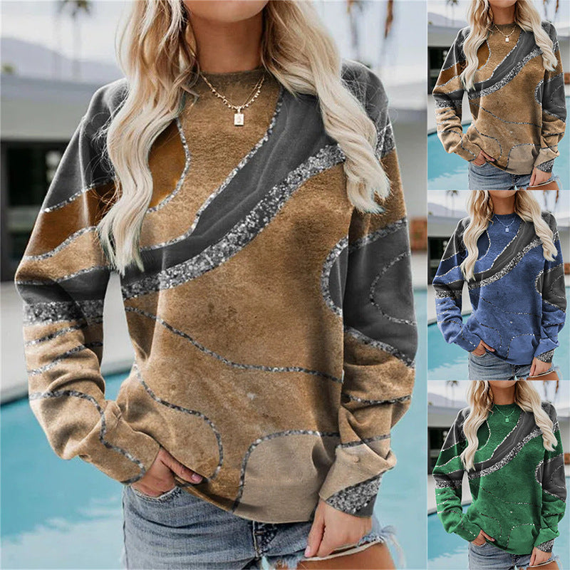 Geometric Loose Print Long Sleeve Crew Neck Sweatshirt