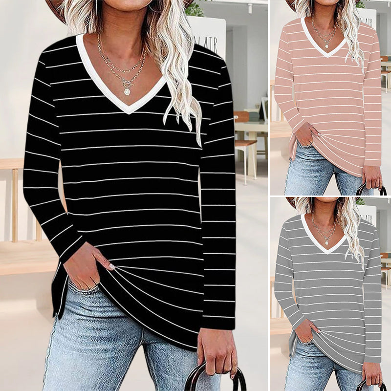 Long Sleeve V Neck Striped T-Shirt