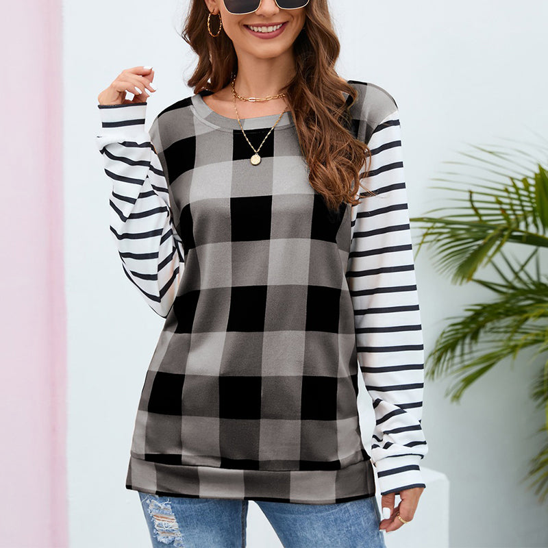 Plaid Stripe Crew Neck Sweatshirt