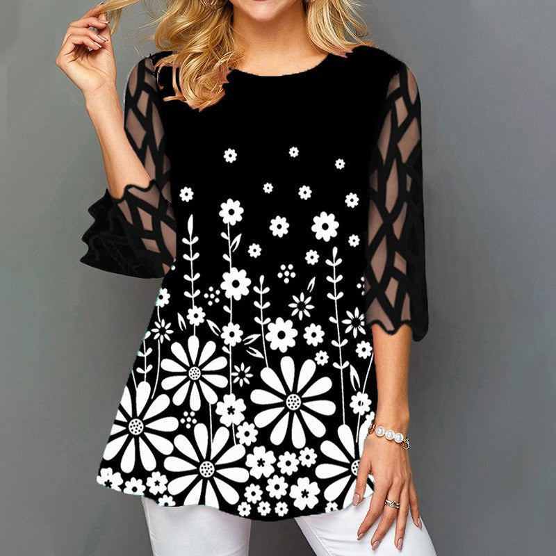 Lace Sleeve Printed T-shirt