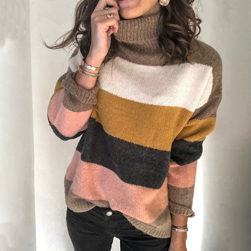 High-neck Paneled Knitted Striped Sweater